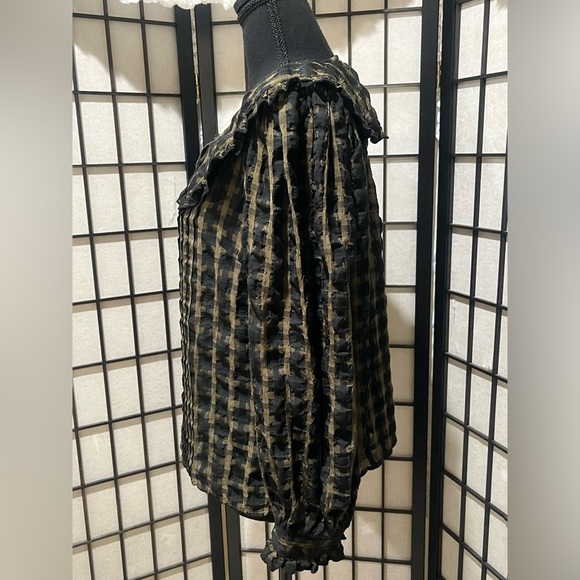 Topshop Black and khaki GINGHAM PLAID, PETER PAN RUFFLE COLLAR  TOP US SIZE 6 - Picture 4 of 9